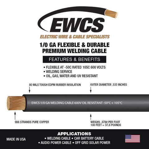1/0 Gauge Premium Extra Flexible Welding Cable, 600 Volt, Black, Sunlight and Water Resistant, Features and Benefits