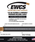 1/0 Gauge Premium Extra Flexible Welding Cable 600 Volt Black 25 Feet Made in USA Ships as a Coil Sunlight Resistant Water Resistant Highly Flexible 30 Copper Stranding Built to Last, product specifications and features displayed