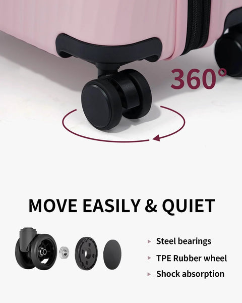 360-degree spinner wheels of recycled polycarbonate carry-on luggage ensure easy, quiet movement with steel bearings and shock absorption.