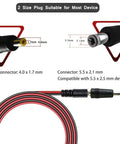 Heavy Duty 12 To 24 Volt Car Charger Cable With Dual DC Plug Sizes For Five Point Five By Two Point One Millimeter And Four Point Zero By One Point Seven Millimeter To Car Cigarette Lighter Male Plug LED Indicator Four Foot Cord And Three Amp Fuse, showing connectors 5.5x2.1mm and 4.0x1.7mm