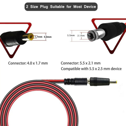 Heavy Duty 12 To 24 Volt Car Charger Cable With Dual DC Plug Sizes For Five Point Five By Two Point One Millimeter And Four Point Zero By One Point Seven Millimeter To Car Cigarette Lighter Male Plug LED Indicator Four Foot Cord And Three Amp Fuse, showing connectors 5.5x2.1mm and 4.0x1.7mm