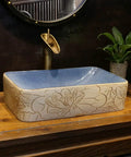 USZWBY Vessel Sinks Vessel Sink Lotus Pattern Art Countertop Basin Rectangular Ceramic Washbasin with floral design.