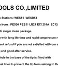 Text details for ACE Tools Limited soldering tips compatible with WES51, WESD51, PES50, PES51, LR21 stations and irons.