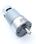 All-Metal DC Gear Motor for DIY Robots and Automation Projects Runs Smoothly On 6V 12V Or 24V Power with silver body.