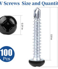 Top Shelf Pan Head Self Tapping Screws For Rv Campers And Pickup Trucks Number Eight Size One Inch Long Black Finish Alloy Steel Kit Comes With 100 Pieces Built Tough And Rust Free, showing dimensions and structure.