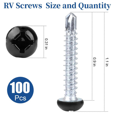 Top Shelf Pan Head Self Tapping Screws For Rv Campers And Pickup Trucks Number Eight Size One Inch Long Black Finish Alloy Steel Kit Comes With 100 Pieces Built Tough And Rust Free, showing dimensions and structure.