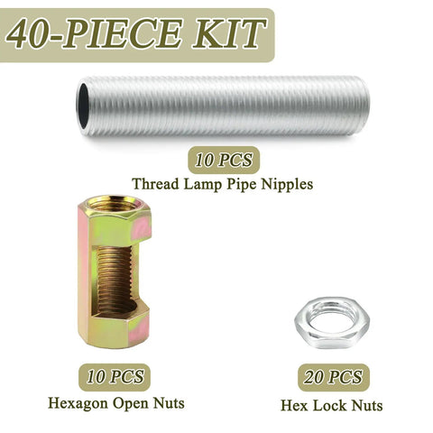 40-Piece Lamp Pipe Repair Kit For DIY Chandelier And Ceiling Light, Includes M10 Nuts And Nipples, Hex Lock Nuts, M10x30 And M10x50 Threads, Zinc Plated Carbon Steel Connector Hardware For Durable And Easy Install; M10 threaded lamp pipe nipples, hex nuts