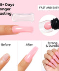 Hema-Free Poly Nail Extension Gel Kit With 6 Colors Pink Nude Clear showing application process, before and after results, long nails