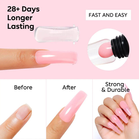 Hema-Free Poly Nail Extension Gel Kit With 6 Colors Pink Nude Clear showing application process, before and after results, long nails