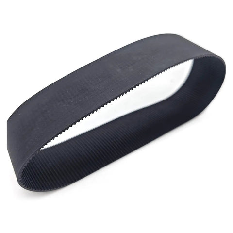 Black serpentine belt for vehicle engine systems, side view showing ribbed texture