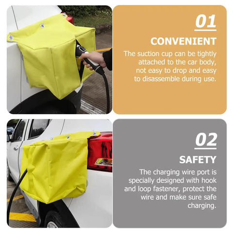 Universal EV Charger Rain Cover With Waterproof Port Shield For Electric Vehicles Outdoor Charging Accessory on car with suction grip.