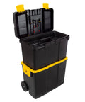 Portable Rolling Tool Box With Wheels Stackable Two In One Tool Chest With Fold Down Comfort Handles Tough Latches And Removable Storage Trays Heavy Duty Dual Compartment Organizer For Home Garage Or On The Go