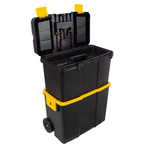 Portable Rolling Tool Box With Wheels Stackable Two In One Tool Chest With Fold Down Comfort Handles Tough Latches And Removable Storage Trays Heavy Duty Dual Compartment Organizer For Home Garage Or On The Go