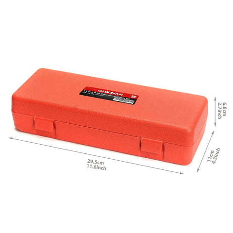 Red storage case for Half Inch Drive Deep Axle Nut Impact Socket Set With 6-Point Cr-Mo Steel Extra Deep Inch Sizes 1 3/16 To 1 1/2 Black Phosphate Finish Built For Heavy Duty Impact Drivers 5 Piece, with measurements.
