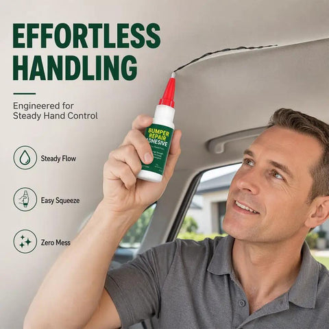 Man applying Two Pack Car Bumper Repair Adhesive fixing busted plastic inside vehicle with steady control