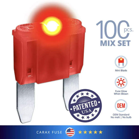 Seriously Cool Mini Blade Led Glow Automotive Fuses 100 Count Atc Ato Replacement Kit showing a glowing fuse with metal prongs.