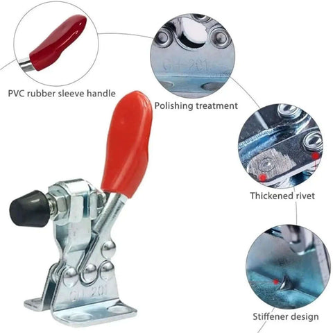 Close-up of Three Piece Heavy Duty Toggle Clamps with PVC handle and polished metal, showing components and design features.