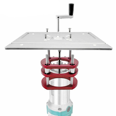 Heavy Duty Aluminum Router Lift System With Precision Insert Base Plate For Woodworking Tables showing mounted base plate and adjustment handle.