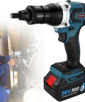 Beast Mode Cordless Rivet Gun With Fast Charge Battery For Hella Smooth Metal Fab Work and Quick Car Repairs Featuring One Tap Trigger To Snag Iron Or Aluminum Parts Without Cable Clutter in action during metal fabrication.