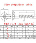 Size comparison chart for #4 x 1-1/4 inch m3 x 30 Heavy Duty Wood Screws With Torx Star Drive Heads and Countersunk Points.