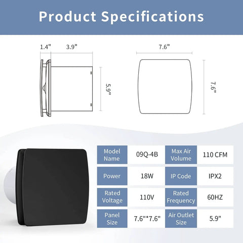 Quiet 110 CFM Bathroom Exhaust Fan With 1.0 Sone, 5.9 Inch Duct, square ceiling or wall mount, ABS plastic shown in specs sheet