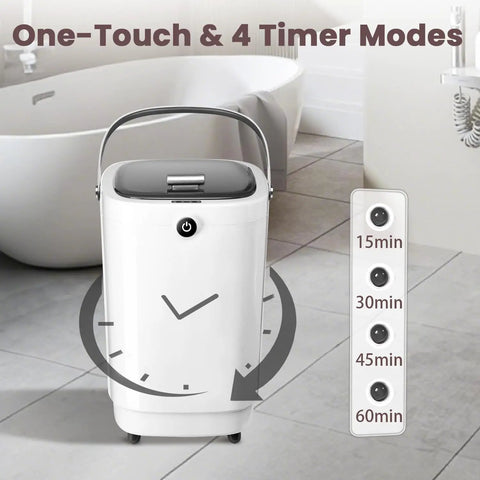 Bucket Style Towel Warmer For Bathroom, with four timer modes, shown in a gray bathroom, highlighting one-touch feature.