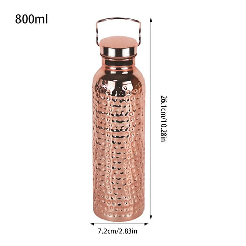 Copper Water Bottle 800ml Insulated Travel Cup With Anti Slip Grip, showing dimensions and textured surface.