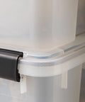 Legit Heavy Duty Stackable Storage Tote Bins 8 Pack 62.8 Quart Clear Black Plastic Gasket Boxes showing tight latching lid and seal.