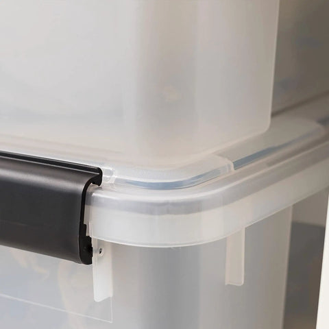 Legit Heavy Duty Stackable Storage Tote Bins 8 Pack 62.8 Quart Clear Black Plastic Gasket Boxes showing tight latching lid and seal.