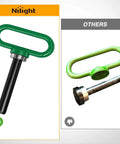 Side-by-side comparison of Five Eighths Inch Beefed Up Heavy Duty Neodymium Magnetic Trailer Hitch Pin in green and a competitor's product.
