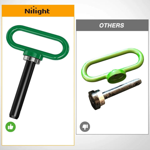 Side-by-side comparison of Five Eighths Inch Beefed Up Heavy Duty Neodymium Magnetic Trailer Hitch Pin in green and a competitor's product.