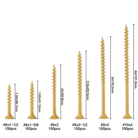 100 Piece Carbon Steel Flat Head Wood Screws Set In Sizes 8 9 10 M2x4 Self Tapping For Quick Rock Solid Wood Joints Your Go To Diy Fasteners For Cabinets Furniture And Everyday Woodworking Projects. #8–#10 wood screws set, sizes 1.5in to 4in