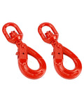 Rock Solid Grade 80 Drop Forged Steel Swivel Self Locking Safety Hook 2 Pack With 4500 Lbs Capacity shown in red, highlighting robust design for rigging.