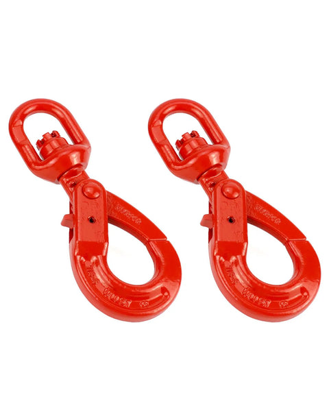 Rock Solid Grade 80 Drop Forged Steel Swivel Self Locking Safety Hook 2 Pack With 4500 Lbs Capacity shown in red, highlighting robust design for rigging.