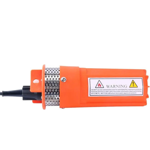 12V DC Submersible Deep Well Water Pump Powered by Solar Battery Power for Off Grid Remote Water Needs Great for Greenhouses Stock Tanks Ponds and Easy Garden Irrigation, close-up side view