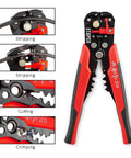 Automatic Self Adjusting 3 In 1 Wire Stripper Tool With Crimper And Wire Cutters, showing stripping, cutting, and crimping functions.