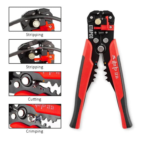 Automatic Self Adjusting 3 In 1 Wire Stripper Tool With Crimper And Wire Cutters, showing stripping, cutting, and crimping functions.