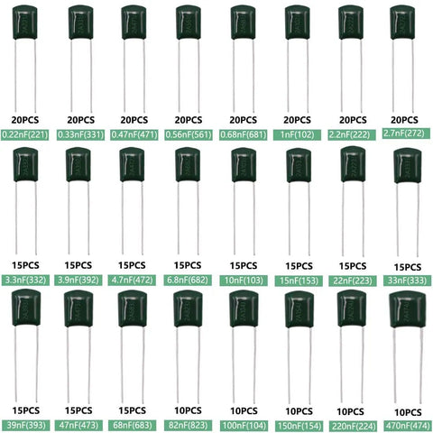 Assortment Kit Of Metalized Mylar Polyester Film Capacitors, 375 Pcs, 24 Values From 0.22nF To 470nF, 100V DC, In A Box