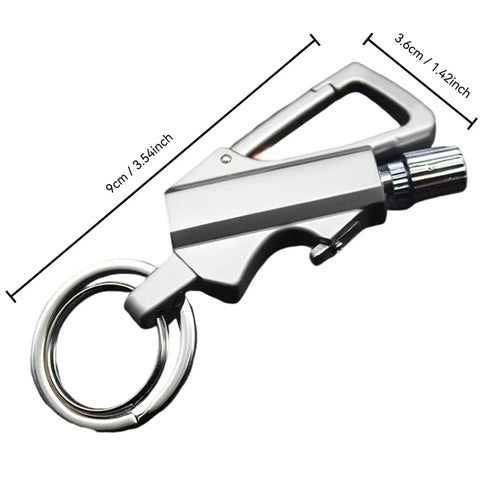 Infinity Strike Lighter With Multitool Keychain And Bottle Opener Plus Reusable Flint Fire Starter shown with dimensions