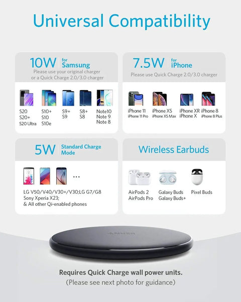 Image of Qi Certified Wireless Charging Pad With 10W Fast Charge For Samsung And iPhone Plus Series, AirPods, showing compatibility