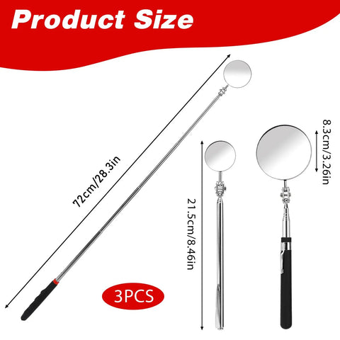 Three Pack Telescoping Inspection Mirror Extendable Mechanic Mirror With 360 Degree Rotatable Head Stainless Steel Round Inspection Tool