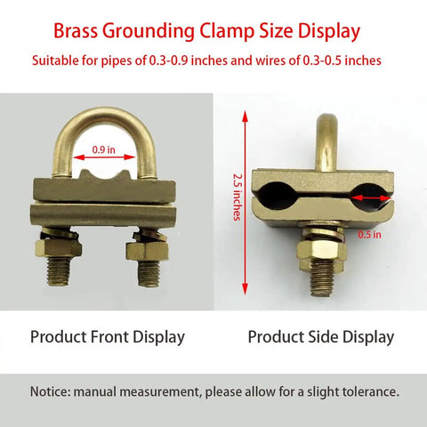 Adjustable Brass Ground Clamp For Copper Pipes And Grounding Wires, U Shaped Wiring Fixture, Connect 0.3 To 0.9 Inch Pipes Or Rods, Durable Anti Corrosion Copper Alloy, Easy Install Grounding Connector front and side view