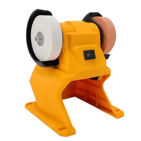 Cordless Mini Bench Grinder with Dual 70mm Wheels Spinning at 5500 RPM Delivers Lightning Fast Sharpening for Any Project in the Garage or Workshop Featuring a Featherlight Build that Lets You Carry It wherever You Need It for Maximum Flexibility on the, showing dual wheels and an easy-to-transport design.