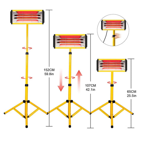Beast 2000W Infrared Paint Curing Lamp For Body Repair With Adjustable Stand at various heights, showing 59.8in, 42.1in, 25.5in adjustments