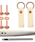 All in One Leather Craft Kit With Copper Rivets and Burr Washers Includes Hole Punch Cutter and Rivet Setter displayed