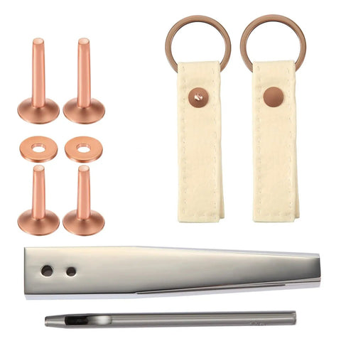 All in One Leather Craft Kit With Copper Rivets and Burr Washers Includes Hole Punch Cutter and Rivet Setter displayed