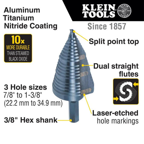 Ultimate Step Drill Bit Set For 7/8 To 1-3/8 Inch Holes With Double Fluted Design, Easy Read Step Markings, 3/8 Inch Hex Shank