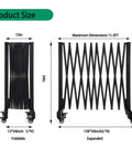 Tough 11.5 Foot Expandable Barricade Gate And Retractable Metal Crowd Control Fence dimensions shown with foldable and expanded views.