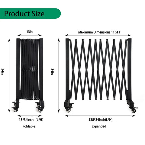 Tough 11.5 Foot Expandable Barricade Gate And Retractable Metal Crowd Control Fence dimensions shown with foldable and expanded views.