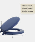 Soft Navy 17 Inch Vinyl Toilet Seat With Foam Cushioning, Standard Size Fits All Regular Fixtures shown angled with hinge details